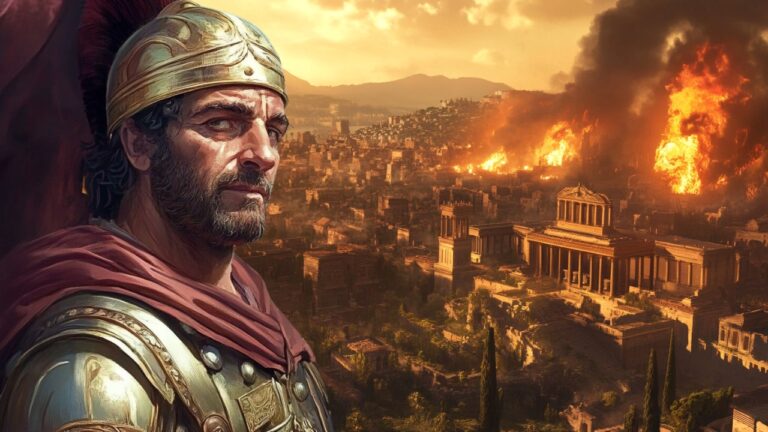 Carthaginian general in armor, gazing at the fiery destruction of a Roman city in the background, representing an alternate history where Carthage triumphed in the Punic Wars