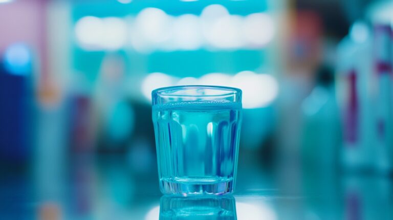 A small glass filled with blue mouthwash, placed on a reflective surface with a blurred teal and white background