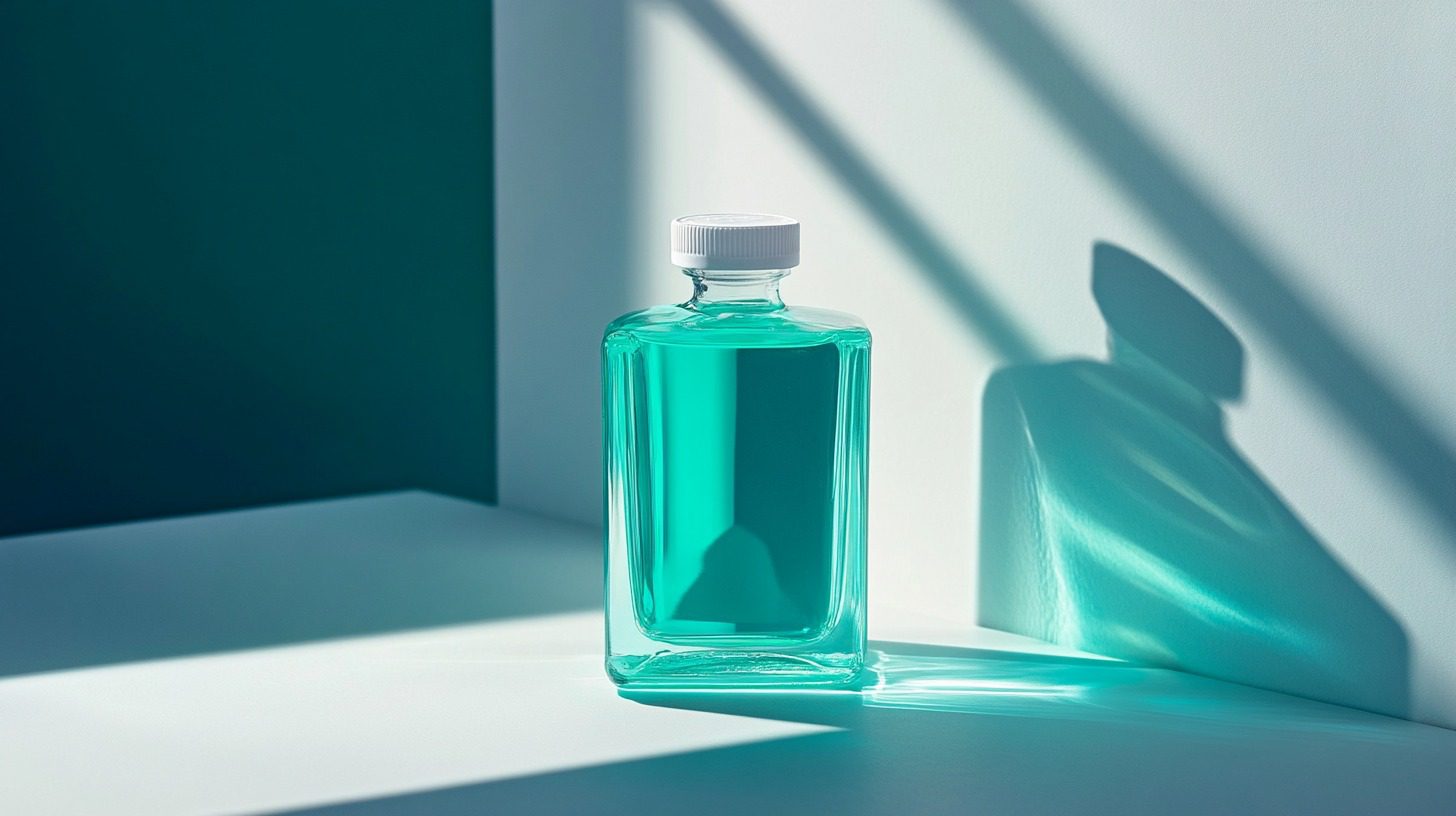 A bottle of teal-colored mouthwash on a minimalistic white and teal background with dramatic shadows