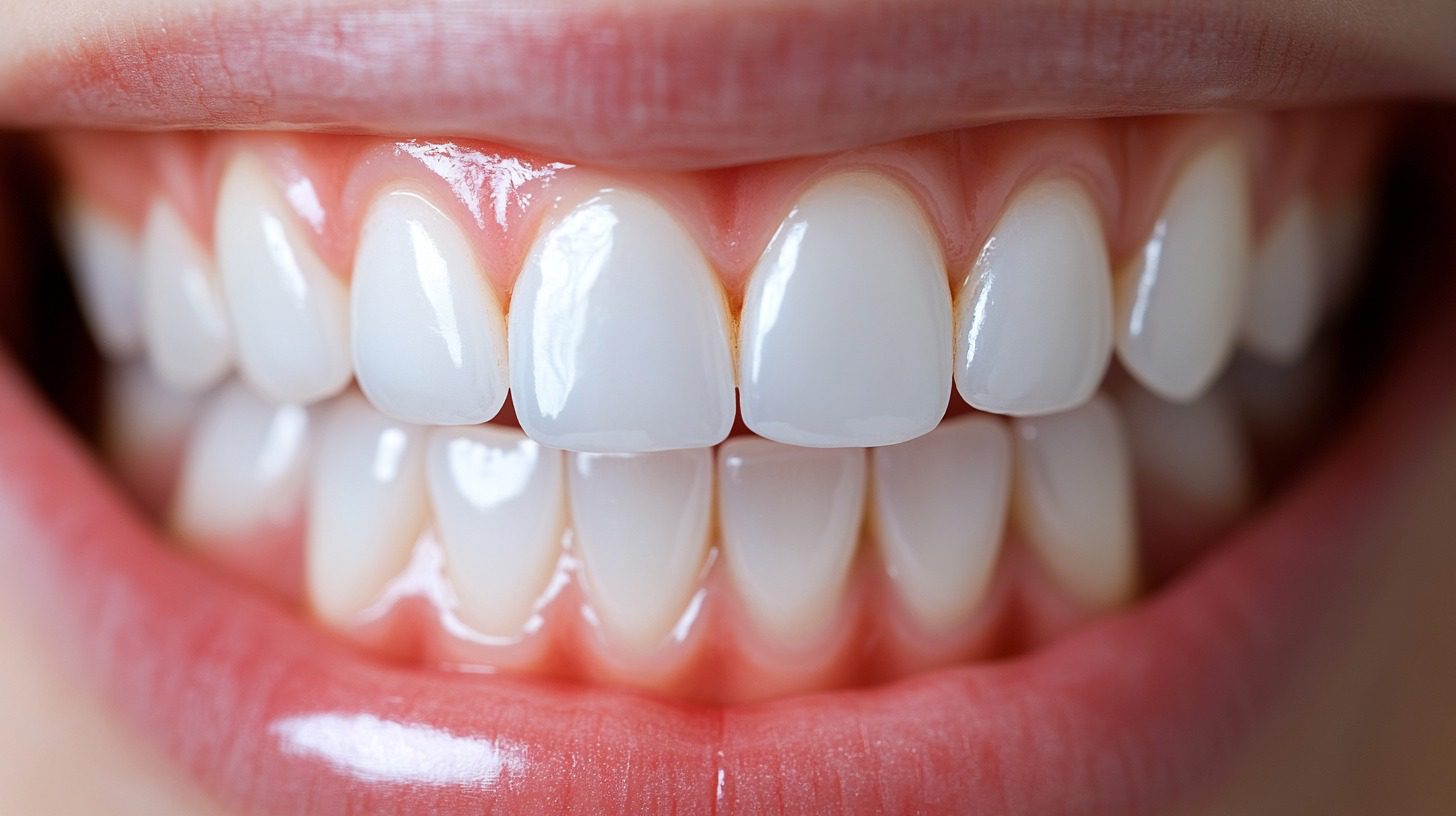 Close-up image of a person's healthy, white teeth and pink gums, showcasing excellent oral health