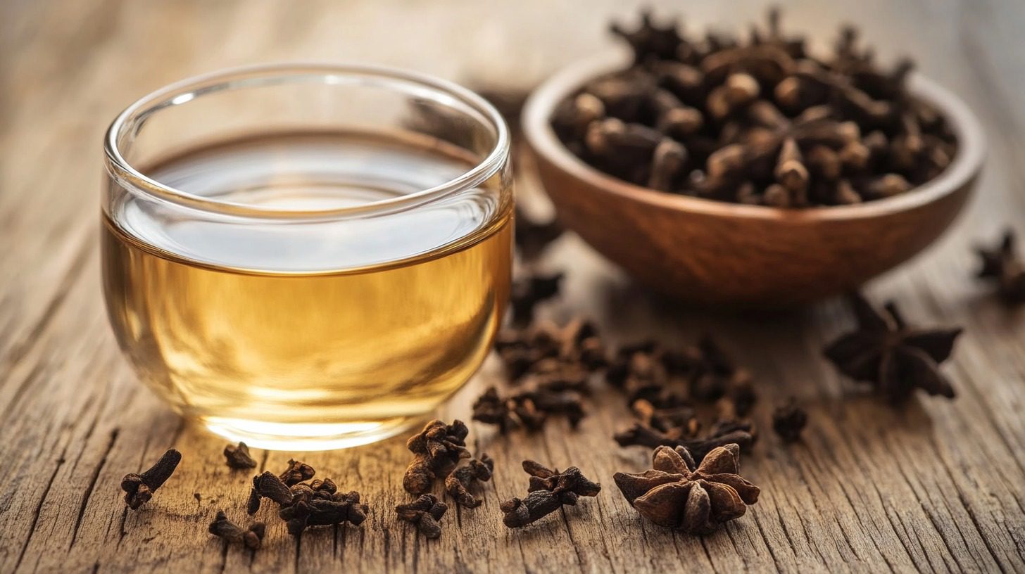 A glass of golden clove tea surrounded by whole cloves and a wooden bowl of cloves on a rustic wooden surface