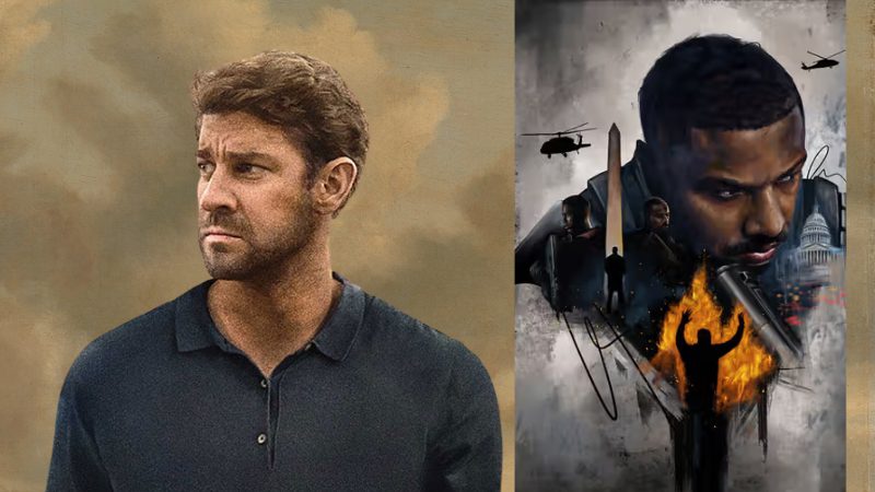 A Side-By-Side Image of Jack Ryan, Portrayed by John Krasinski, and John Clark, Depicted in A Dramatic Artwork